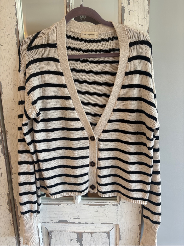 By Together Cream And Black Striped Vneck Button Cardigan